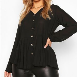 Boohoo Plus Sheer Pleated Peplum Button Down Shirt